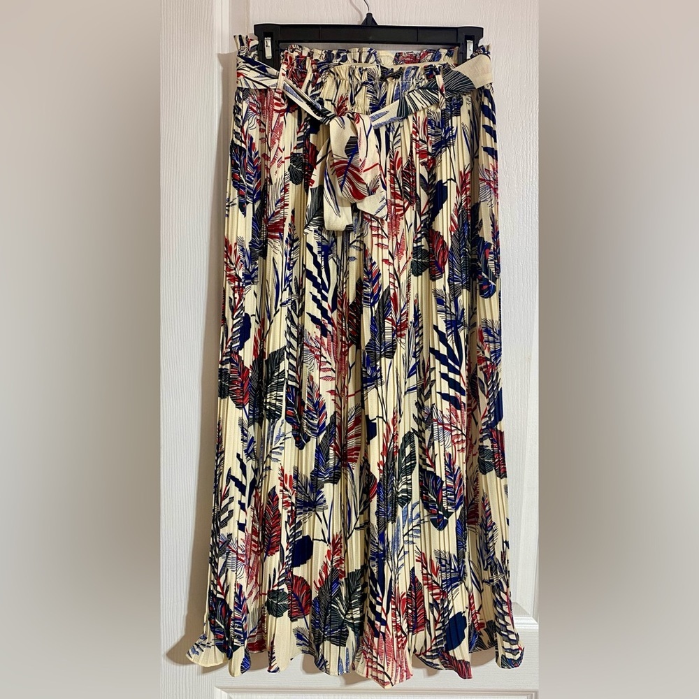 Alice Blue Pleated Wide Leg Tropical Novelty Flowy Belted Pants Size Medium